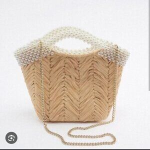 Zara beaded pearl straw rattan woven handbag crossbody top handle